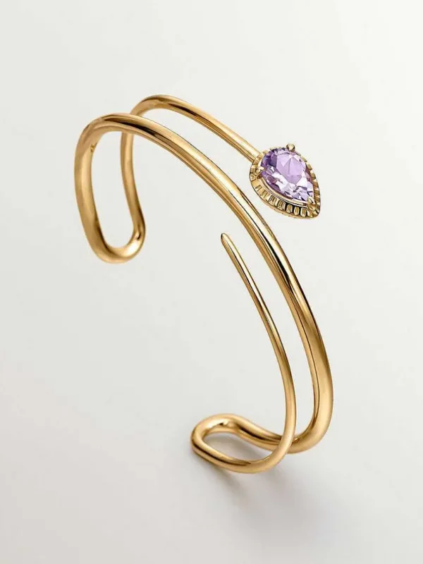 Brazaletes Y Pulseras Rígidas-Aristocrazy Pulsera Rigida De Plata 925 Banada En Oro Amarillo De 18K Con Amatista Rosa