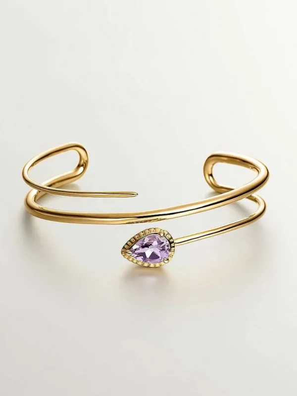 Brazaletes Y Pulseras Rígidas-Aristocrazy Pulsera Rigida De Plata 925 Banada En Oro Amarillo De 18K Con Amatista Rosa